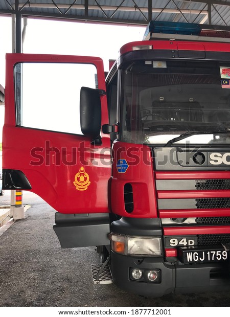 Seremban, Malaysia, Disember 18,2020. Fire\
rescue truck by the Fire and Rescue Department of Malaysia is used\
to perform rescue and extinguishing in the event of a natural\
disaster.