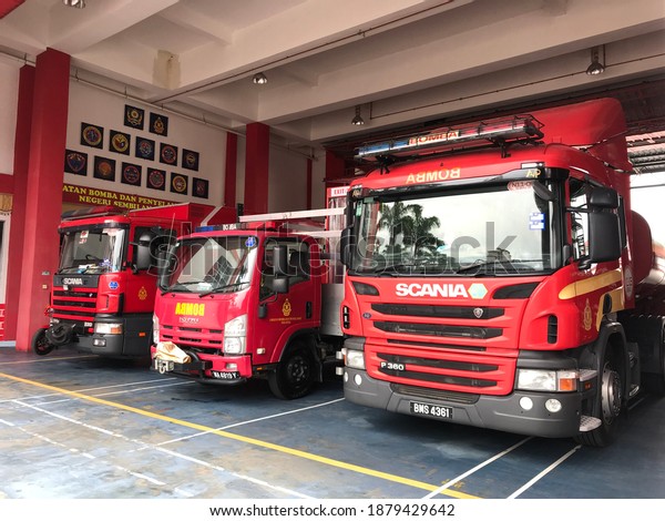 Seremban, Malaysia, Disember 20,2020. Fire\
rescue truck by the Fire and Rescue Department of Malaysia is used\
to perform rescue and extinguishing in the event of a natural\
disaster.
