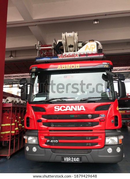 Seremban, Malaysia, Disember 20,2020. Fire\
rescue truck by the Fire and Rescue Department of Malaysia is used\
to perform rescue and extinguishing in the event of a natural\
disaster.