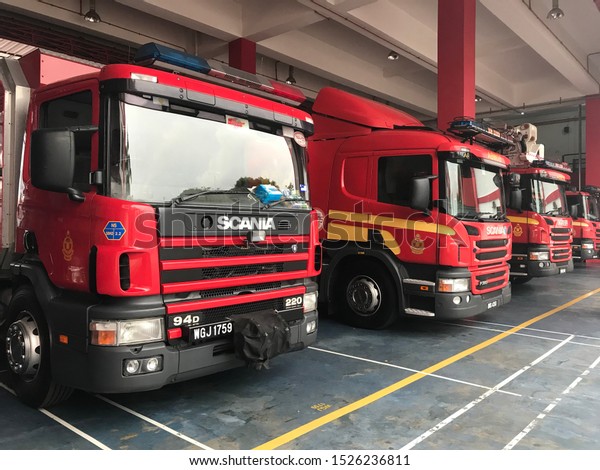 Seremban, Malaysia, October 9,\
2019.Fire-rescue tender firms by the Malaysian Fire and Rescue\
Department are used to perform rescue and extinguishers in the\
event of a natural\
disaster..