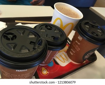 Seremban, Negeri Sembilan / Malaysia - October 26 2018 : Teh Tarik, Black Coffee And Hot Chocolate / Milo.