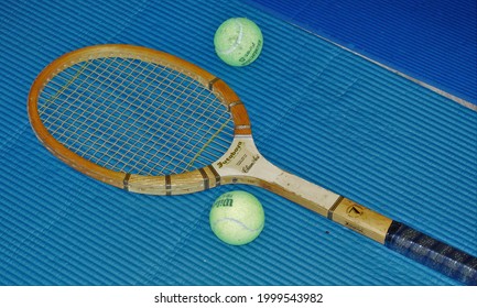 Serendah,Selangor Malaysia- June 30 2021: A Vintage Tennis Racquet And Two Old Tennis Balls.