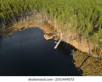 A Serene Aerial View of a Cozy Lakeside Cabin Nestled Amidst a Lush Green Forest - Powered by Shutterstock