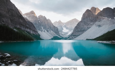 Serene Alpine Lake - A tranquil alpine lake surrounded by majestic, rugged mountains and dense evergreen forests. The calm, turquoise waters mirror the towering peaks, creating a stunning reflection.  - Powered by Shutterstock
