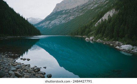Serene Alpine Lake - A tranquil alpine lake surrounded by majestic, rugged mountains and dense evergreen forests. The calm, turquoise waters mirror the towering peaks, creating a stunning reflection.  - Powered by Shutterstock