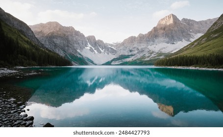 Serene Alpine Lake - A tranquil alpine lake surrounded by majestic, rugged mountains and dense evergreen forests. The calm, turquoise waters mirror the towering peaks, creating a stunning reflection.  - Powered by Shutterstock