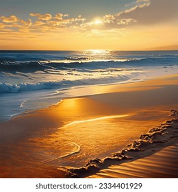 A serene beach at sunset, with the golden rays casting a warm glow on the sand and gently crashing waves. - Powered by Shutterstock