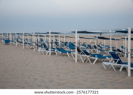 Similar – Image, Stock Photo A serene beachscape at Lariño with seagulls flying over gentle waves under a clear blue sky, reflecting tranquility and the beauty of Galicia