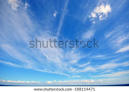 Serene blue sky with fluffy white clouds on a sunny day, peaceful natural background scenery with copy space for design and inspiration