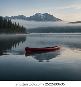 A serene canoe floats gently on a tranquil lake, shrouded in early morning mist. The still waters reflect distant mountains and the soft hues of dawn, creating a peaceful and picturesque scene.
 - Powered by Shutterstock