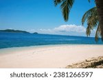 Serene coastal vista showcasing a clear blue sky, azure waters, and sandy shoreline framed by swaying palm fronds, with distant rolling hills on the horizon