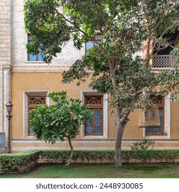 A serene courtyard boasting a vibrant tree and bush, elegantly detailed windows, and a yellow textured wall - Powered by Shutterstock