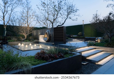 Serene courtyard with a sleek metal sculpture, rippling water feature, manicured greenery, and ambient lighting under a twilight sky. - Powered by Shutterstock