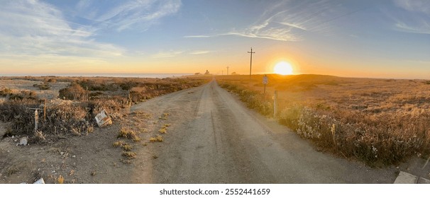 A serene dirt road stretches toward the horizon, surrounded by coastal grasslands under a vibrant sunset sky, evoking a peaceful rural atmosphere. - Powered by Shutterstock