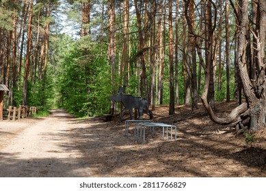A serene forest path winds through tall, slender pine trees, highlighted by a wooden silhouette of a moose and a metal bike rack nearby. The sun filters through the canopy, casting elongated shadows across the sandy trail that stretches into the verdant distance. To the left, a rustic wooden fence lines the edge of the track, demarcating the boundary between the walking space and the dense thicket of vibrant green foliage. Resting near the trunk of an ancient conifer, a dark-toned cutout representing a majestic elk stands as a silent guardian of the quiet woodland area. A sturdy, modern steel structure for parking bicycles sits prominently on the parched ground, contrasting with the natural textures of the surrounding environment. The gnarled, exposed roots of a large tree curl dramatically toward the foreground, adding a touch of weathered character to the landscape. dappled light creates an intricate dance of brightness and shade upon the earthy path, inviting onlookers to immerse themselves in this tranquil woodland retreat. Every element contributes to a sense of peaceful isolation, where time seems to slow down amidst the swaying branches and whispering pines. The absence of human activity emphasizes the solitude, allowing the beauty of nature to take center stage. Gentle breezes likely rustle the leaves, filling the air with the soft sounds of an undisturbed habitat. This picturesque setting offers an escape into a world untouched by urban haste, where the harmony of light and shadow paints a breathtaking picture of untamed wilderness. It is a place where tranquility reigns supreme, inviting quiet contemplation and deep connection with the great outdoors.