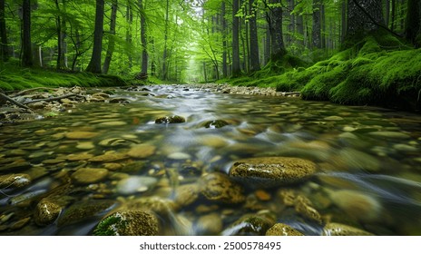 serene forest stream, surrounded by lush greenery, with white water cascading over rocks and mossy boulders. - Powered by Shutterstock