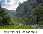 Serene hiking path on valley bottom by rocky mountain stream, Swiss Alps	