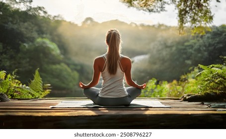 A serene image of a person practicing yoga in a peaceful outdoor setting, surrounded by nature, representing health, wellness, and preventive care, Yoga