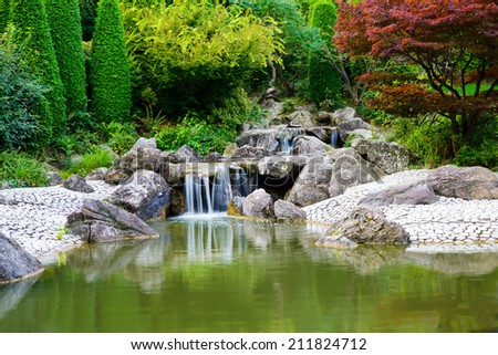 Serene image of a waterfall in Bonn, Germany in the Rheinhaue, A recreational park that covers approximately 40 acres 