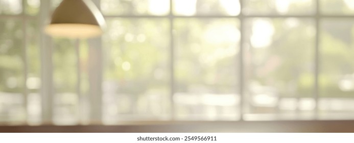 A serene café interior featuring a soft-focus view through large windows, casting gentle light and creating a calm ambiance. - Powered by Shutterstock