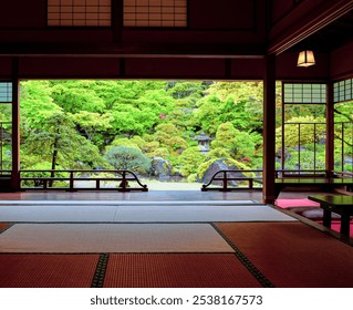 Serene Japanese garden is viewed through a window, framing a pond, stone lantern, and lush greenery blending nature and tradition in tranquil harmony. - Powered by Shutterstock