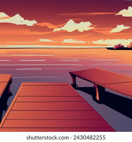 A serene lake view at sunset, featuring a picturesque pontoon, Ideal for a T-shirt design