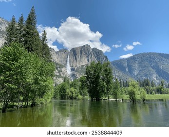 Serene Lake with Waterfall in Yosemite National Park - Powered by Shutterstock