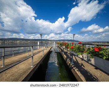 Serene lakeside pier in Kusnacht with vibrant flora under blue skies, cloudscape. - Powered by Shutterstock