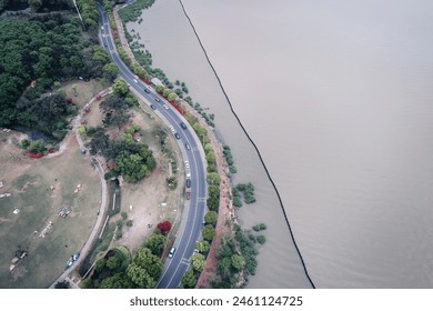 Serene Lakeside Road with Recreational Park Aerial View - Powered by Shutterstock