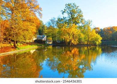 Serene lakeside scene during autumn. There is a calm body of water reflecting the surrounding trees, which display a mix of green and golden-yellow foliage. Clear blue sky indicates a fall sunny day - Powered by Shutterstock