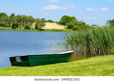 A serene lakeside view featuring a green boat resting on the grassy shore with reeds and trees in the background - Powered by Shutterstock