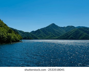 A serene landscape featuring a lake with sparkling water and lush green mountains under a clear blue sky. - Powered by Shutterstock