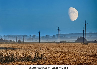 A serene landscape of a golden wheat field under a large, bright moon. Power lines stretch across the field, leading towards a distant forest, creating a peaceful rural scene. - Powered by Shutterstock