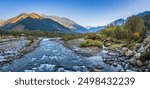 Serene Landscape of Liddar valley in Phalgam town in Anantnag district of Jammu and Kashmir, India. It is famous for Amarnath Yatra, lush green meadows, snow-capped peaks and scenic trekking trails.