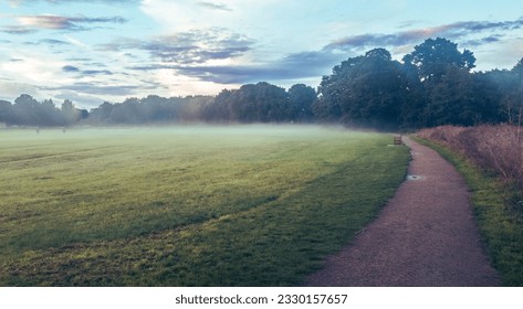 Serene landscape with a misty green field, majestic trees, a gently curved path to the left, under a vibrant blue sky filled with fluffy clouds - Powered by Shutterstock