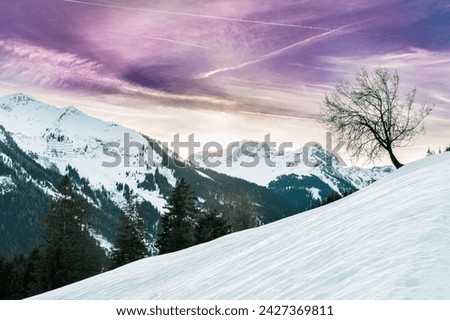 The serene landscape of snow-capped mountains under bright skies at sunset is perfect for imagining natural beauty and tranquility. A lone tree stands, personifying loneliness and peace