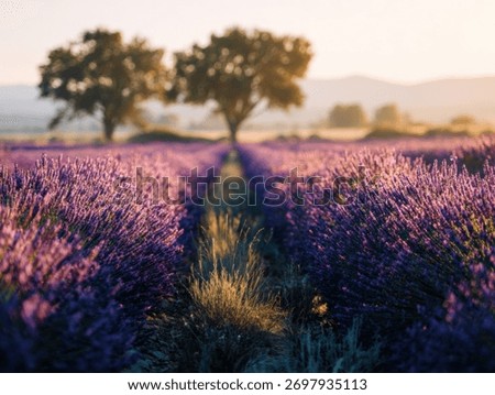 Serene lavender fields at sunset, creating a peaceful, colorful landscape.
