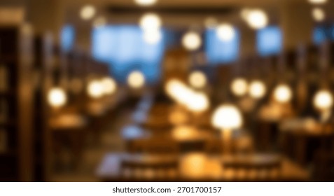 Serene Library Study Blurred Focus with Warm Light, and Academic Ambience.