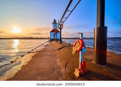 Serene Lighthouse at Golden Hour with Lifebuoy from Pier Perspective - Powered by Shutterstock