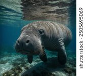 The serene manatee glides gracefully through calm waters, its gentle nature reflected in its slow, peaceful movements. With a large, rounded body and a calm, inquisitive gaze, this aquatic mammal embo