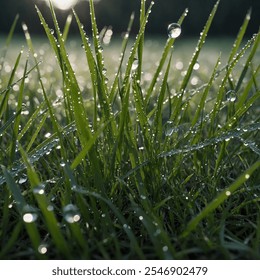 A serene meadow blanketed in lush green grass, each blade delicately adorned with glistening droplets of morning dew. The soft light of dawn highlights the sparkling droplets, creating a peaceful. - Powered by Shutterstock