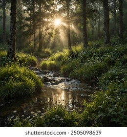 serene misty morning in a lush green forest with sun - Powered by Shutterstock