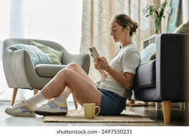 A serene moment as a woman with vitiligo relaxes and texts on her phone. - Powered by Shutterstock