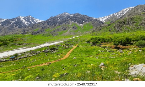 A serene mountain landscape with lush green fields, scattered trees, and snow-capped peaks under a clear blue sky.
📍 Hawraman Takht, Kurdistan - Iran  - Powered by Shutterstock