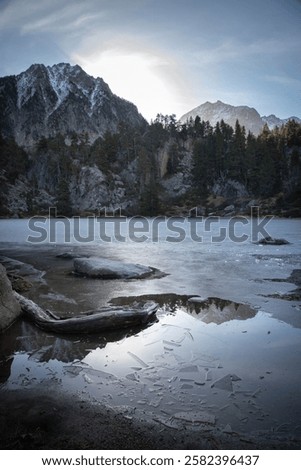 Image, Stock Photo Sunlit peak of a massive rock formation with the Caminito del Rey path along the side in Malaga