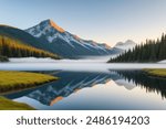 A serene mountain landscape at sunrise, with mist rolling over a forest and a clear blue lake reflecting the vibrant colors of the sky