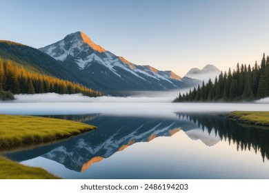 A serene mountain landscape at sunrise, with mist rolling over a forest and a clear blue lake reflecting the vibrant colors of the sky - Powered by Shutterstock