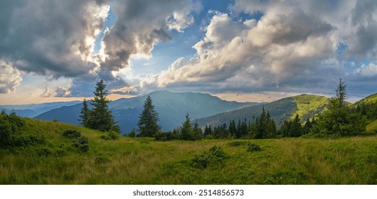 A serene mountain landscape at sunset, with golden light illuminating lush green hills and distant peaks. Soft clouds float in a pastel sky, creating a peaceful and breathtaking view. - Powered by Shutterstock