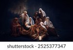 Serene nativity scene, with Mary and Joseph gazing tenderly at baby Jesus in the manger against dark background. Historical portrait. Concept of Christmas, nativity scene, Bible, religion, blessing