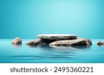 Serene Natural Podium Display on Water with Rocks: Perfect Minimal Pedestal for Product Showcase